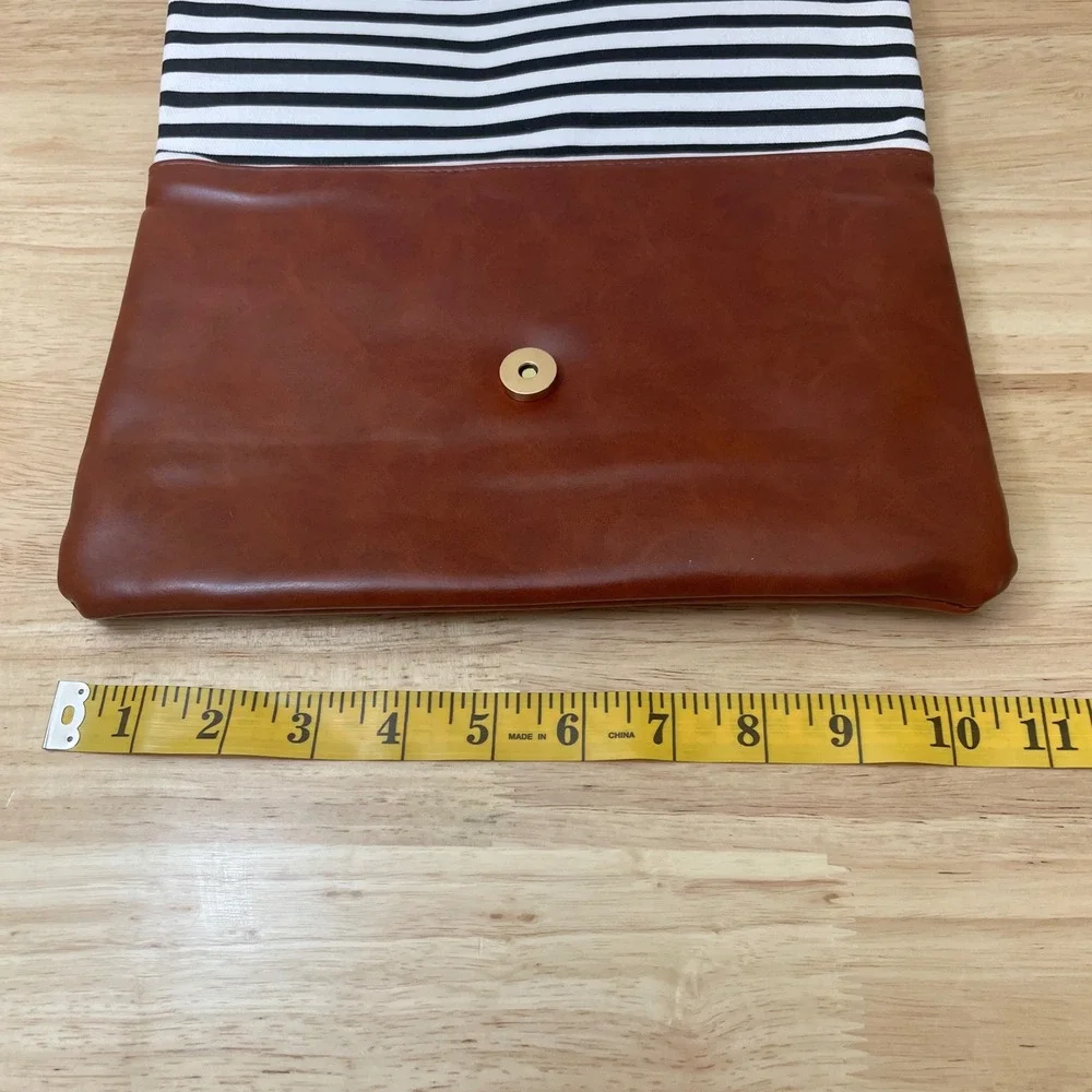 Funky Monkey Striped Canvas Brown Faux‎ Leather Foldover Clutch Tassel